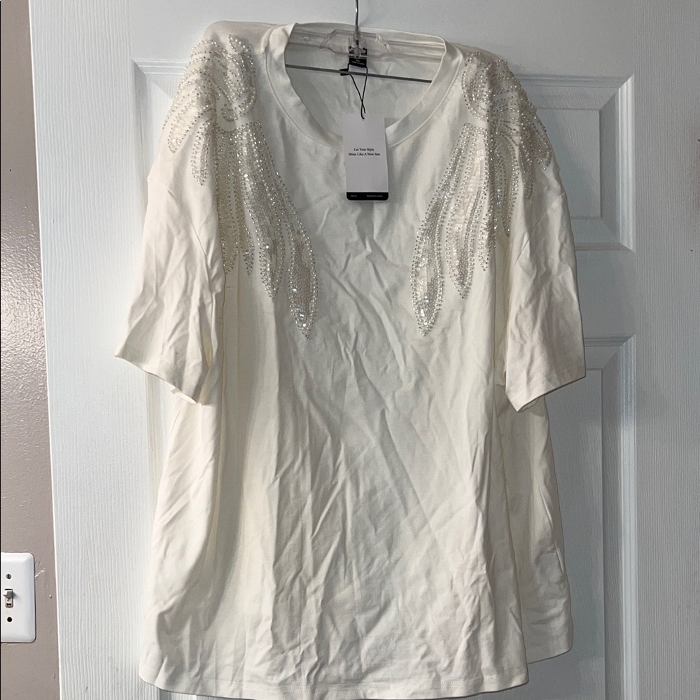 Embellished White Women's Top with Beaded Shoulder Detail